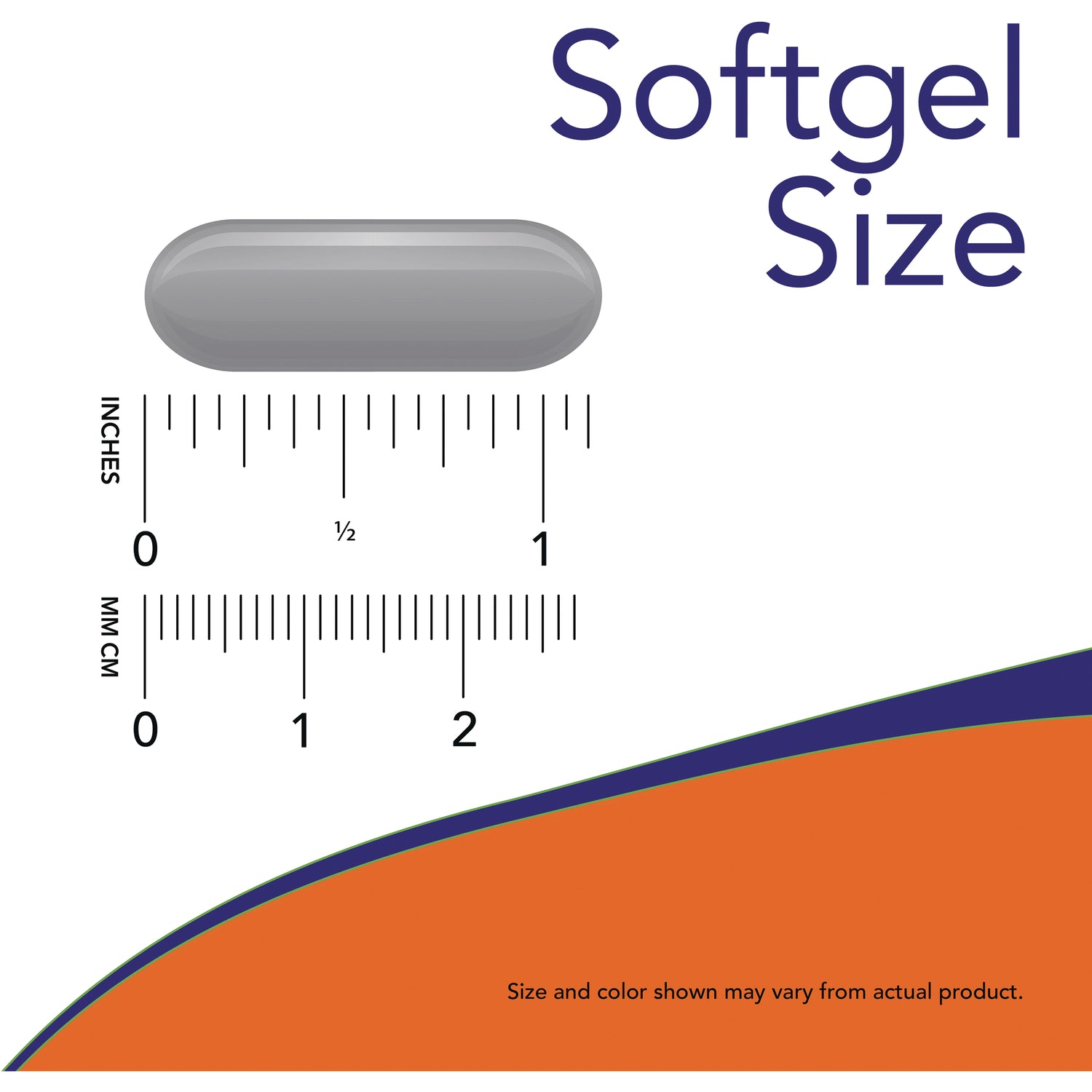 NWF152 | gray softgel capsule above rulers showing size in inches and cm labeled Softgel Size