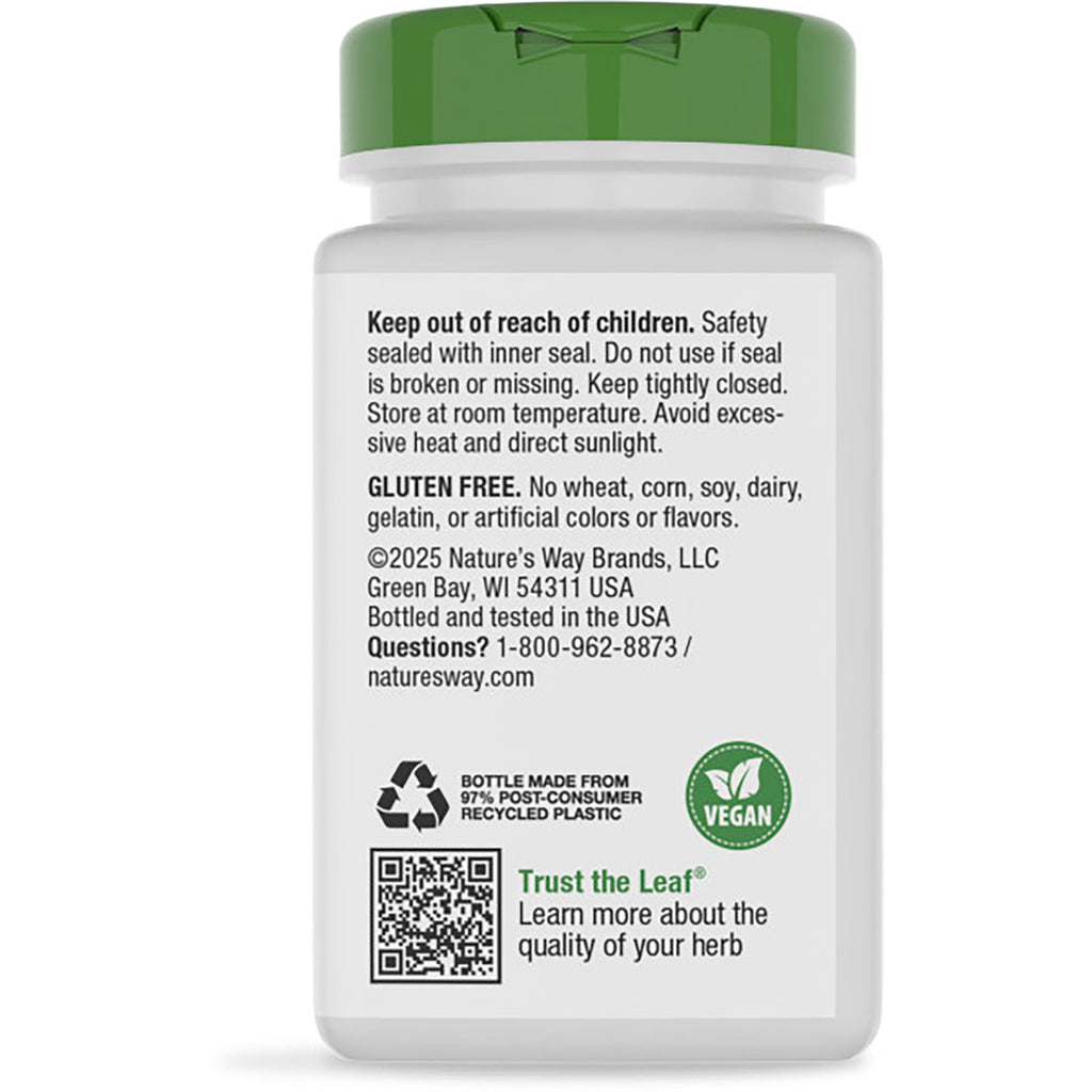 NW469 | Back of brown supplement bottle with green label showing Traditional Health Support text, gluten free statement and barcode - Thumbnail