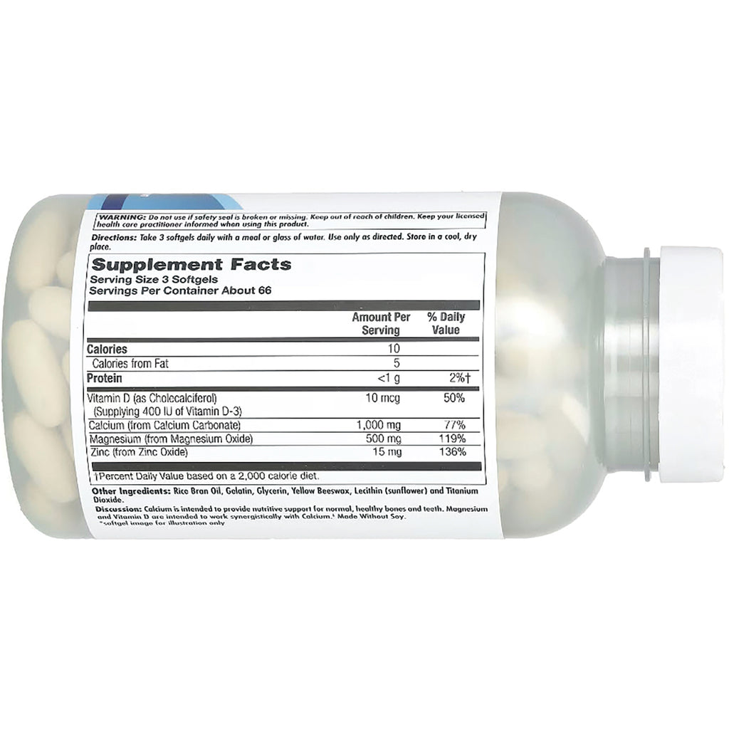 KL493 | Supplement facts label on back of translucent bottle showing serving size, vitamin D, calcium, magnesium, zinc and softgels inside - Thumbnail