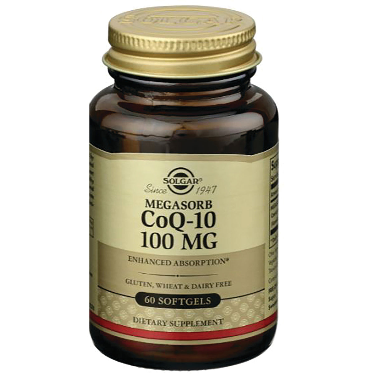 Brown glass bottle with gold lid labeled SOLGAR MEGASORB CoQ-10 100 MG 60 softgels dietary supplement