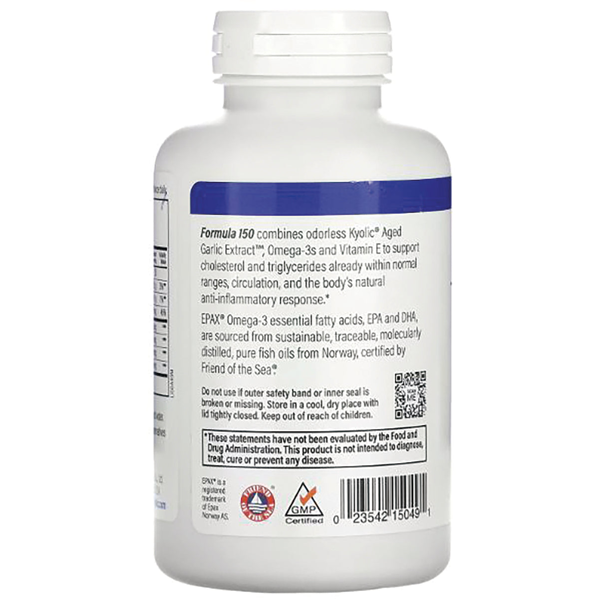 KY039 | Back of white supplement bottle showing label text, warnings, barcode and certification logos