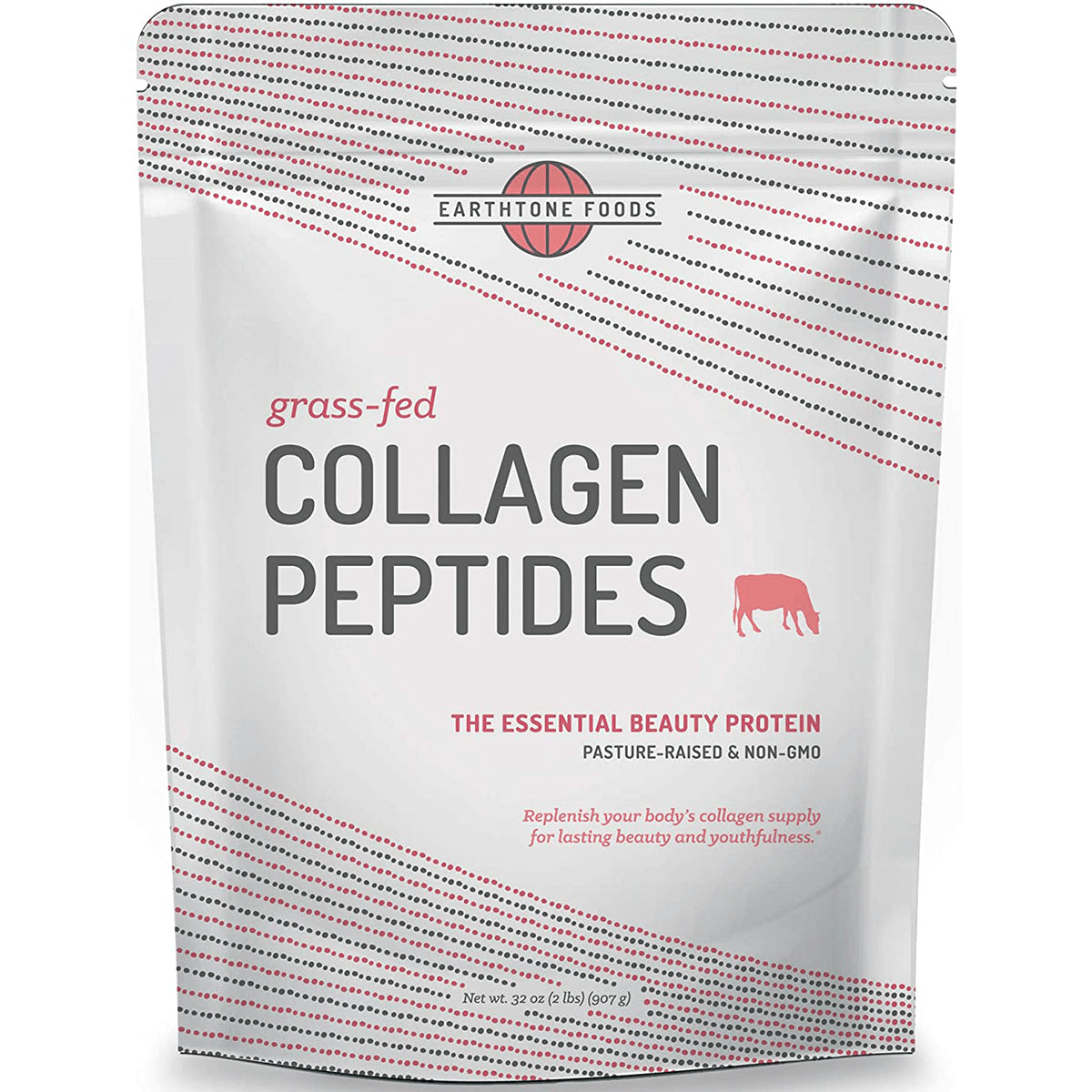 ETF002 | Front pouch of Earthtone Foods grass-fed Collagen Peptides powder, white resealable bag with logo and cow icon