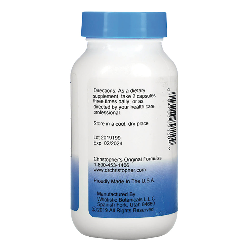 DCR030 | Back of white supplement bottle with directions to take 2 capsules three times daily, lot 2019199, Exp 02/2024 - Thumbnail