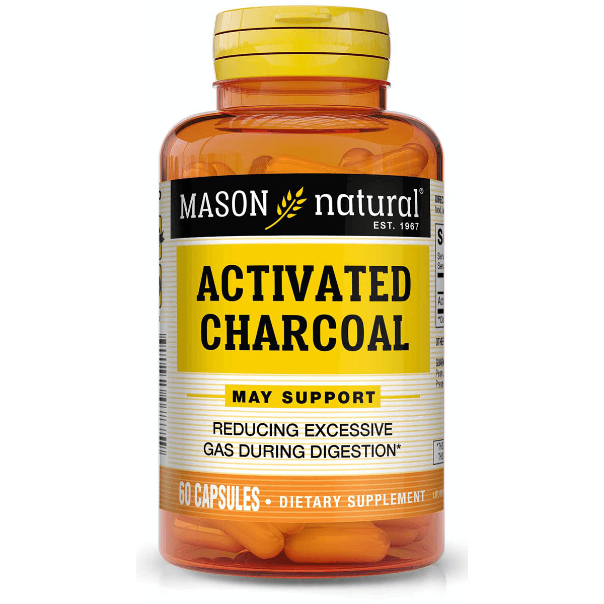 Mason Natural activated charcoal supplement bottle labeled ACTIVATED CHARCOAL, 60 capsules
