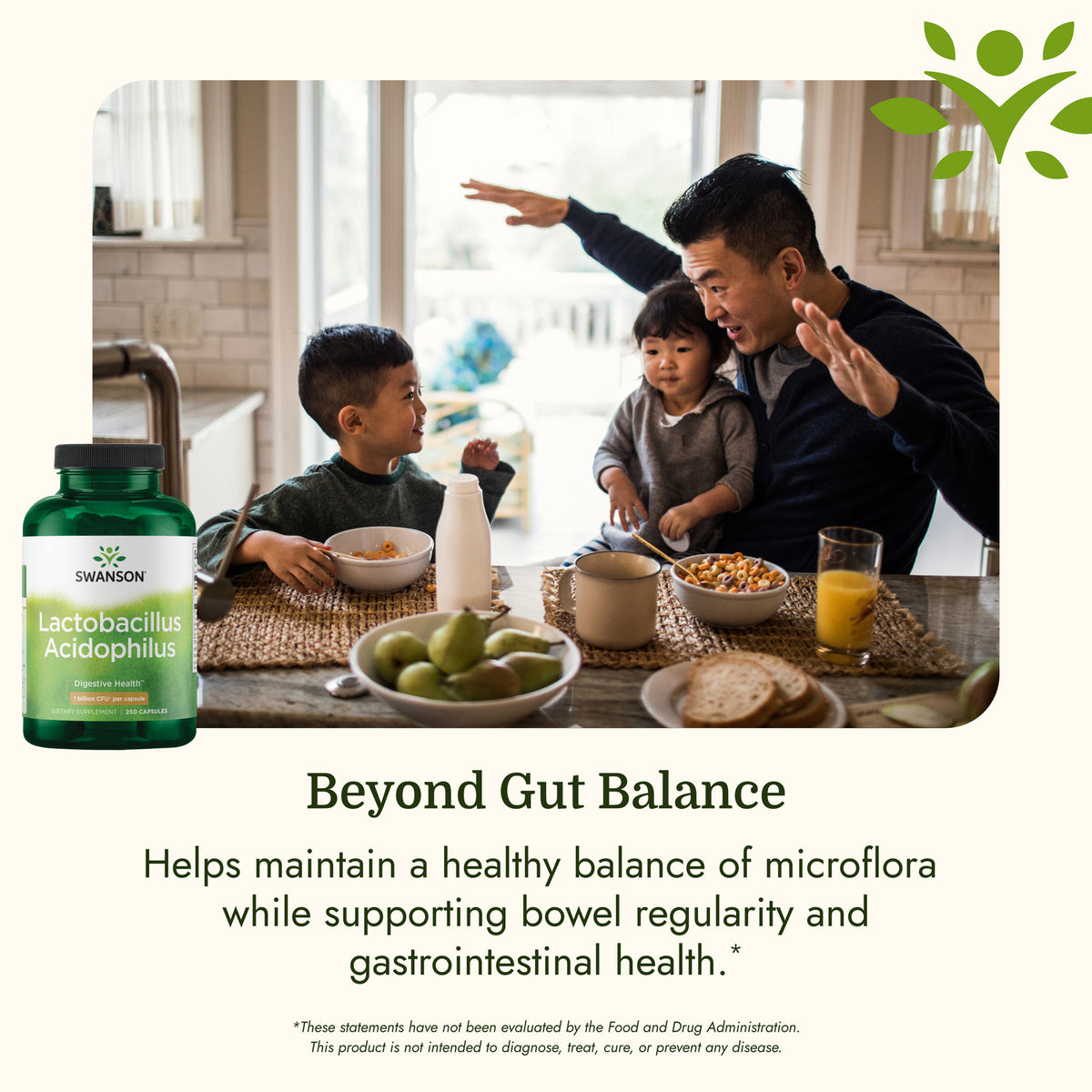 SW283 | Family enjoying breakfast with Swanson Lactobacillus Acidophilus and digestive health messaging