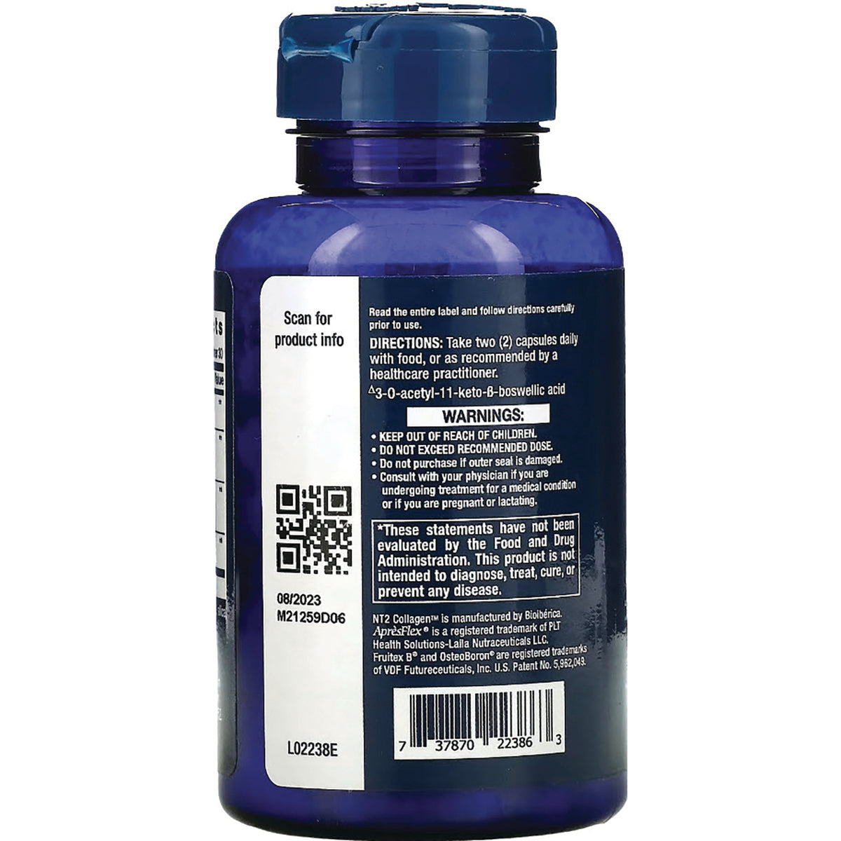 Back of blue supplement bottle showing directions, warnings, QR code and barcode