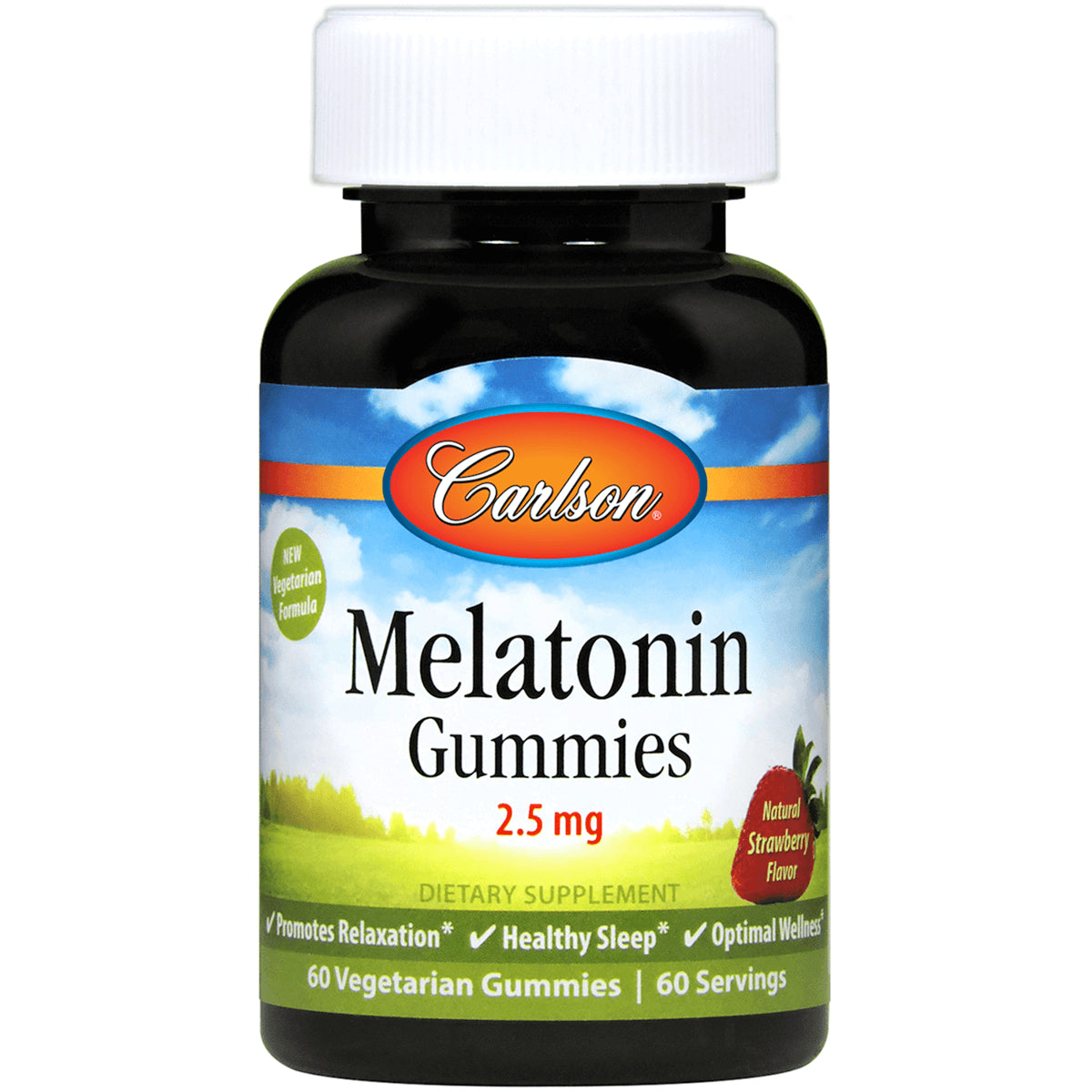 CSN251 | Carlson Melatonin Gummies 2.5 mg bottle labeled Natural Strawberry Flavor, 60 vegetarian gummies