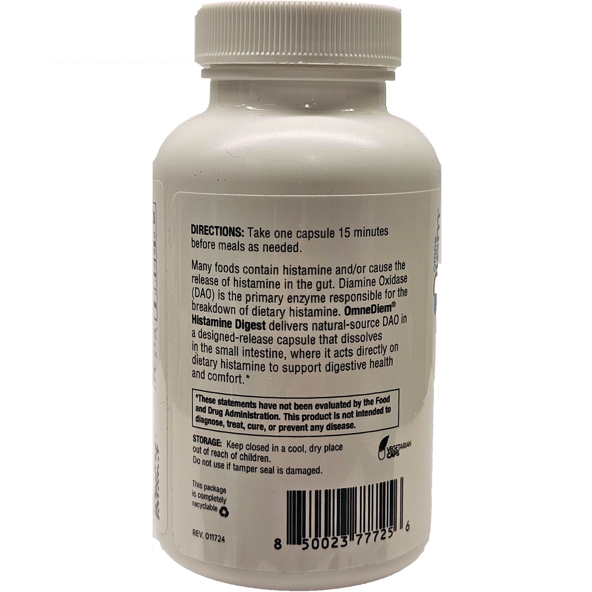 Back of white supplement bottle label showing directions, storage instructions, warnings, and barcode