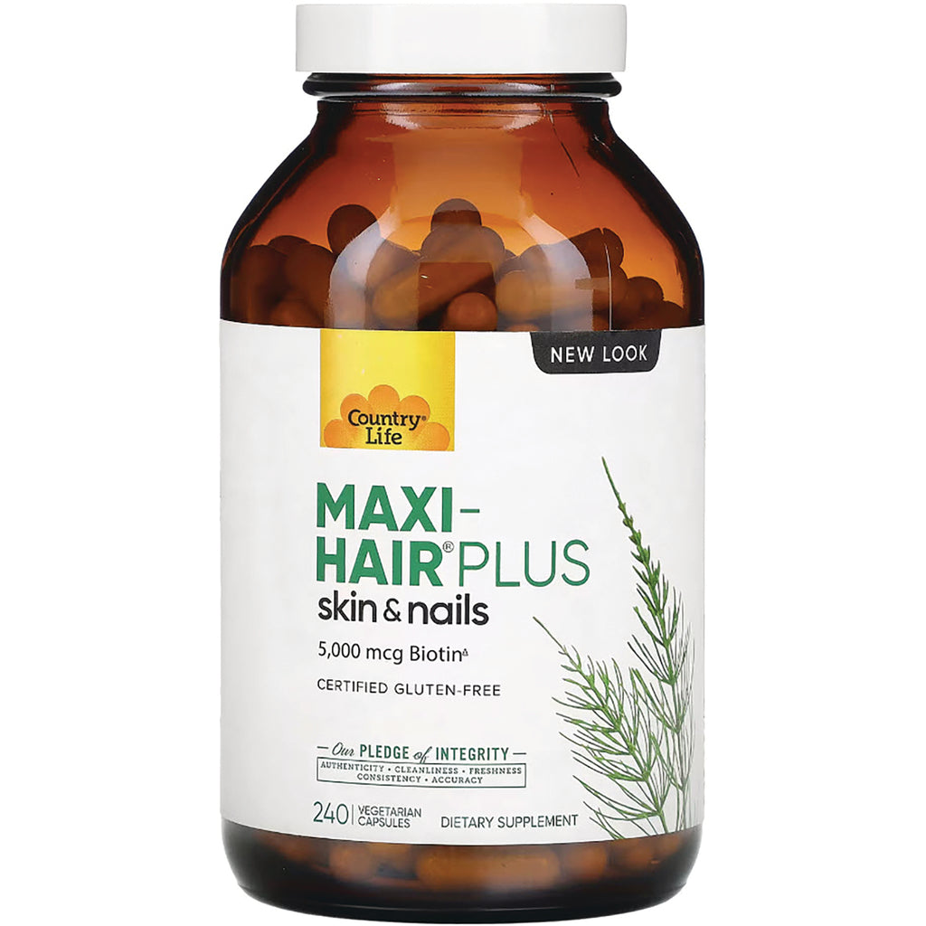 CRL615 | Country Life Maxi-Hair Plus skin & nails bottle, label reads MAXI-HAIR PLUS and 5,000 mcg Biotin, 240 capsules - Thumbnail