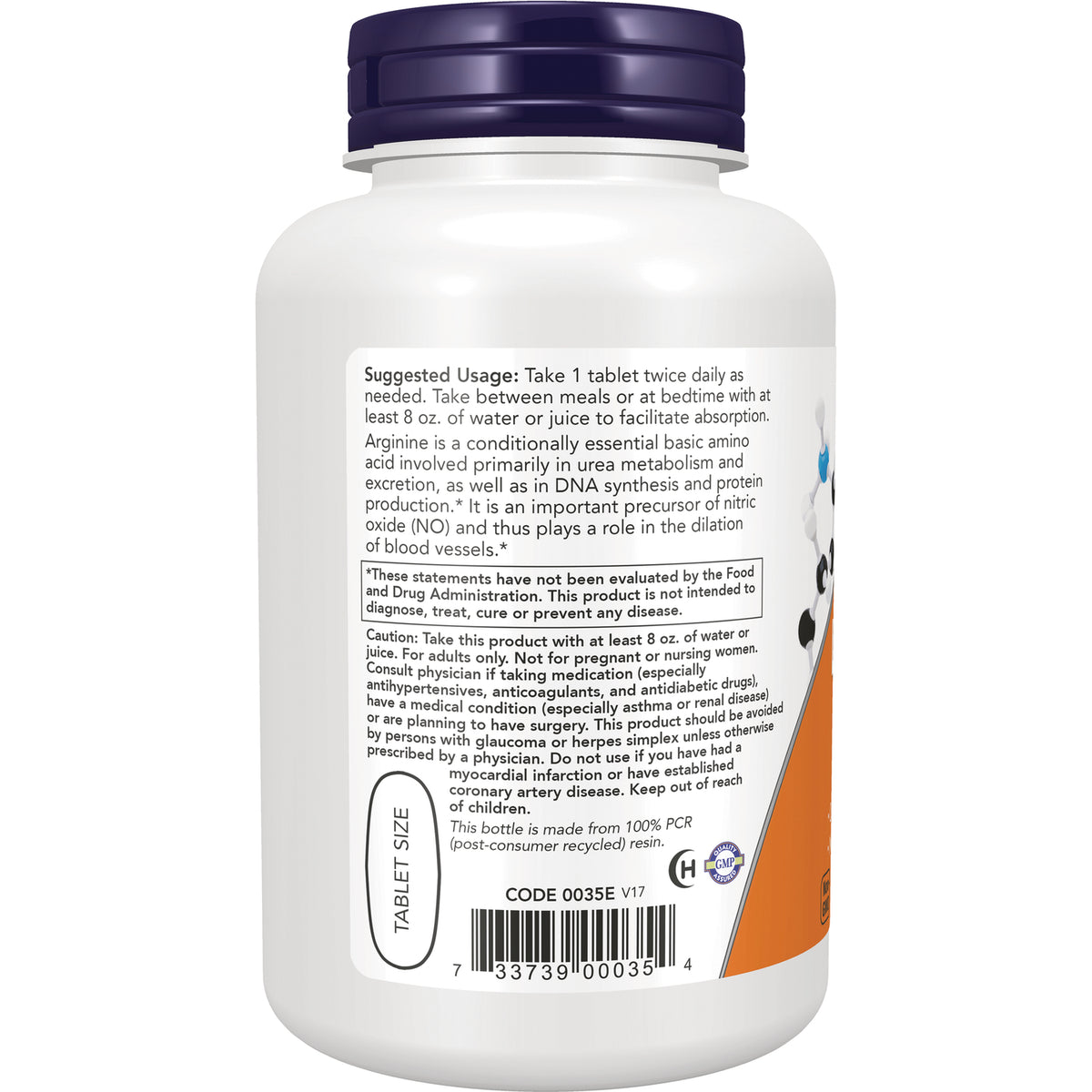 NWF117 | Back label of white supplement bottle showing suggested usage, caution text, barcode and tablet size graphic