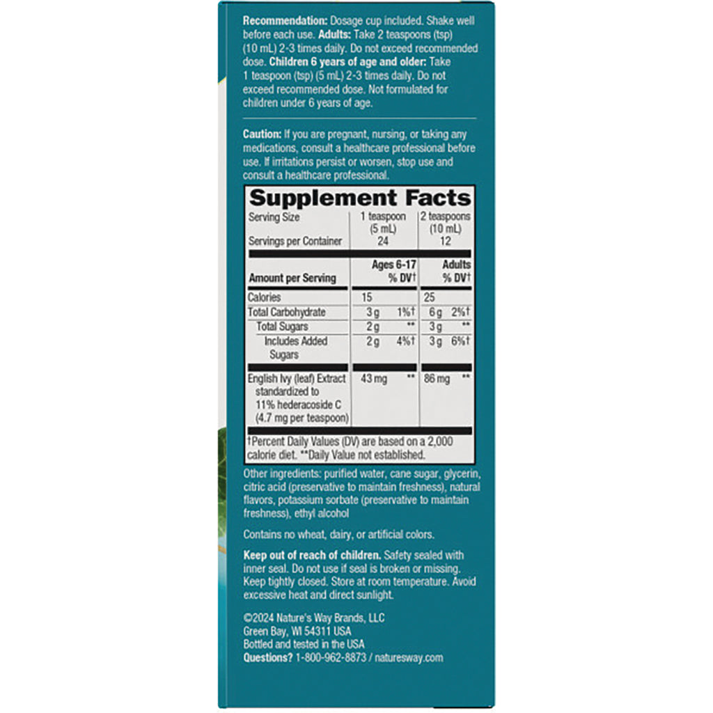 Supplement Facts panel with dosage, ingredients, cautions, and storage information on teal product back - Thumbnail
