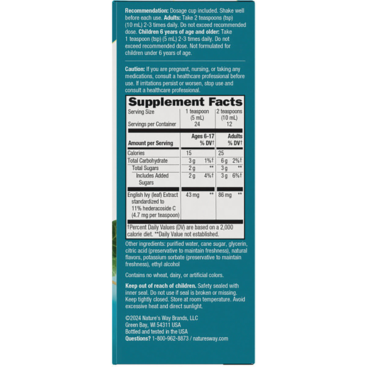 Supplement Facts panel with dosage, ingredients, cautions, and storage information on teal product back