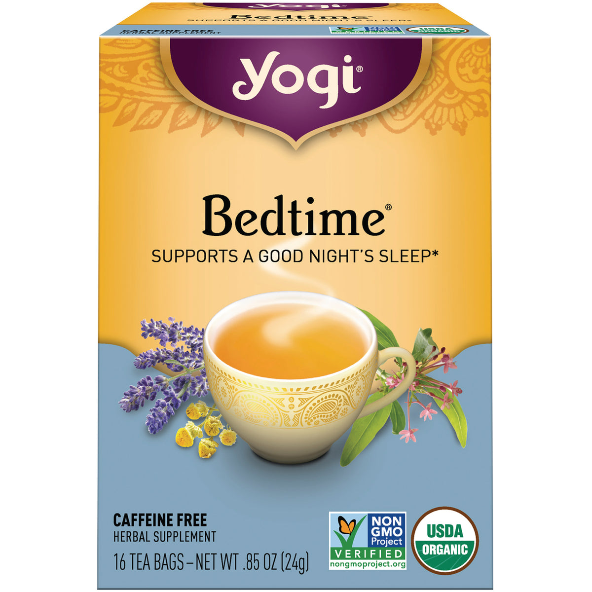 AHW001 | Yogi Bedtime herbal tea box with teacup, 'Supports a Good Night's Sleep' text and USDA Organic badge
