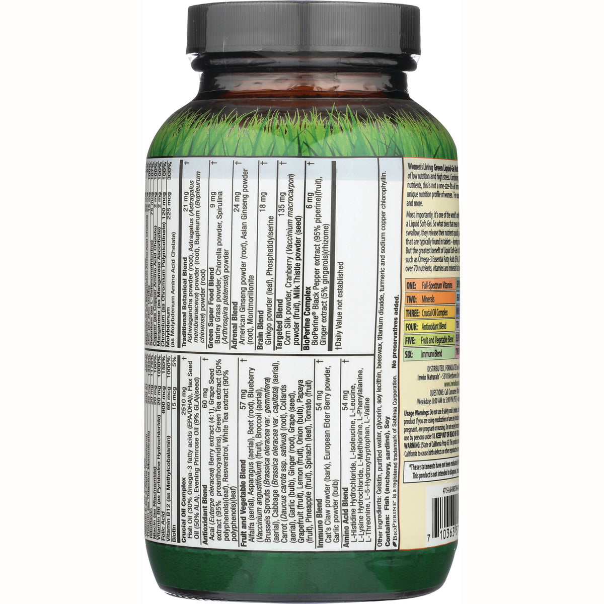 IR070 | back of supplement bottle showing supplement facts and ingredient panel with barcode and green grass label