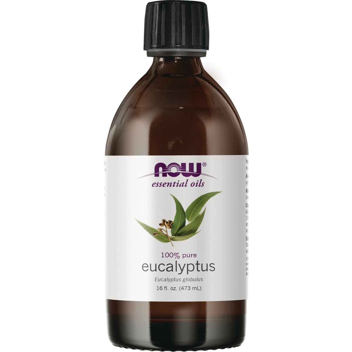 NWF1338 | Amber glass bottle of NOW essential oils labeled 100% pure eucalyptus, 16 fl oz