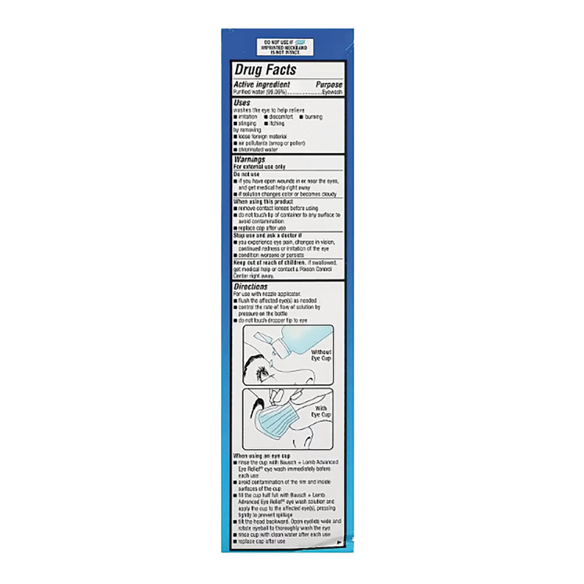 BNL004 | Back panel showing Drug Facts, warnings, directions and diagrams for an eye wash