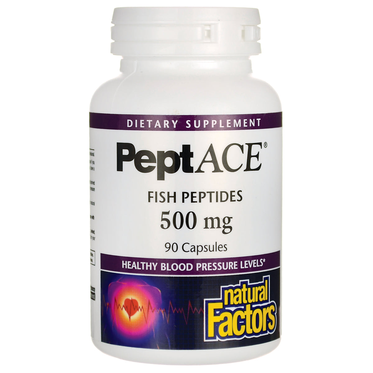 NFC021 | PeptACE fish peptides 500 mg bottle, 90 capsules, Natural Factors dietary supplement front label