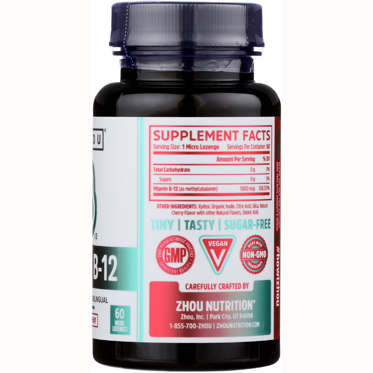ZOU019 | Back label with Supplement Facts for Zhou Nutrition B-12 micro lozenges; Vegan, Non-GMO, Tiny Tasty Sugar-Free