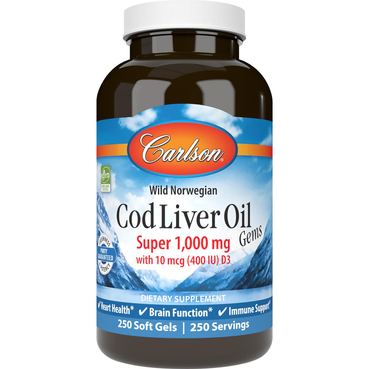 CSN020 | Carlson Wild Norwegian Cod Liver Oil bottle, Super 1,000 mg, 250 soft gels