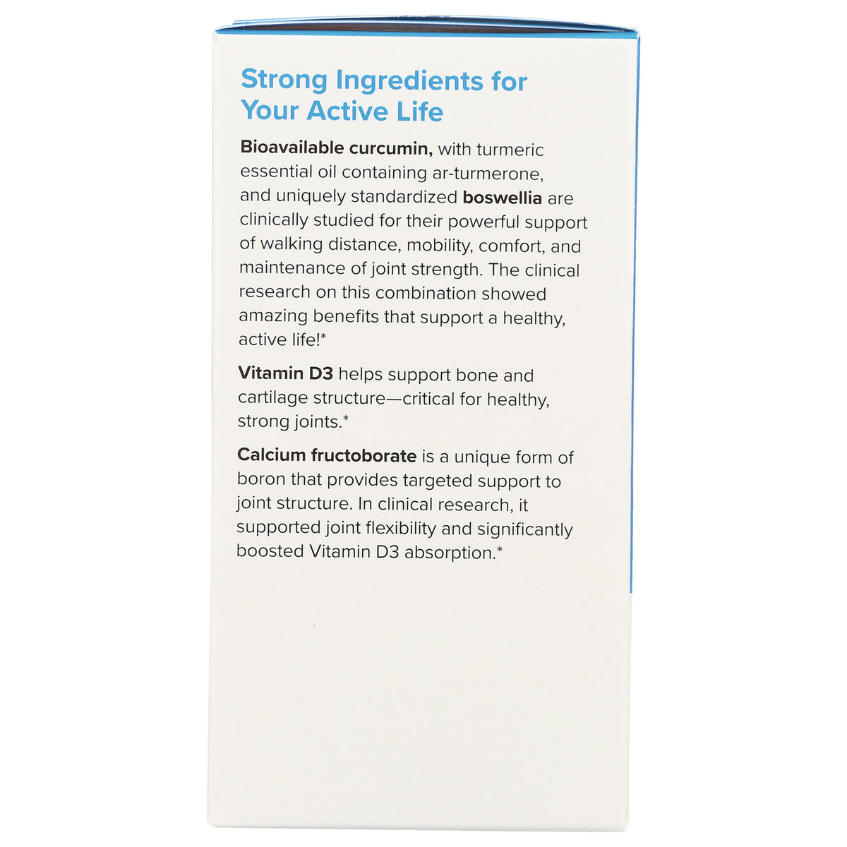 EUR027 | box back with headline Strong Ingredients for Your Active Life and text about curcumin, Vitamin D3, calcium fructoborate