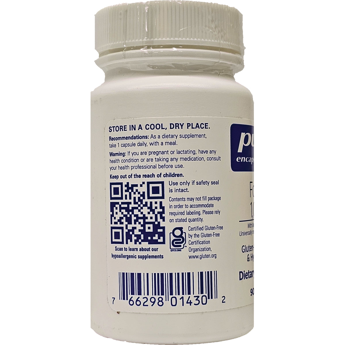PRN174 | Back of white supplement bottle with label reading STORE IN A COOL, DRY PLACE, QR code, barcode and warnings
