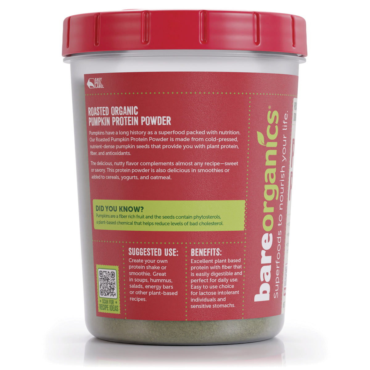 BOR068 | back label of bareOrganics Roasted Organic Pumpkin Protein Powder tub showing product description, suggested use and benefits