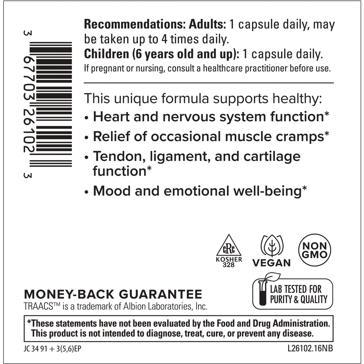 EUR034 | back label showing dosage recommendations, bullet list of benefits, barcode and certification icons