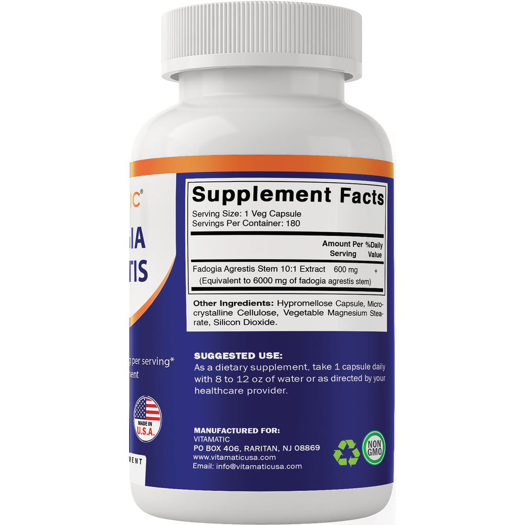 VAM010 | Back label with Supplement Facts for Fadogia Agrestis 10:1 extract 600 mg; serving size 1 veg capsule; 180 servings - Thumbnail