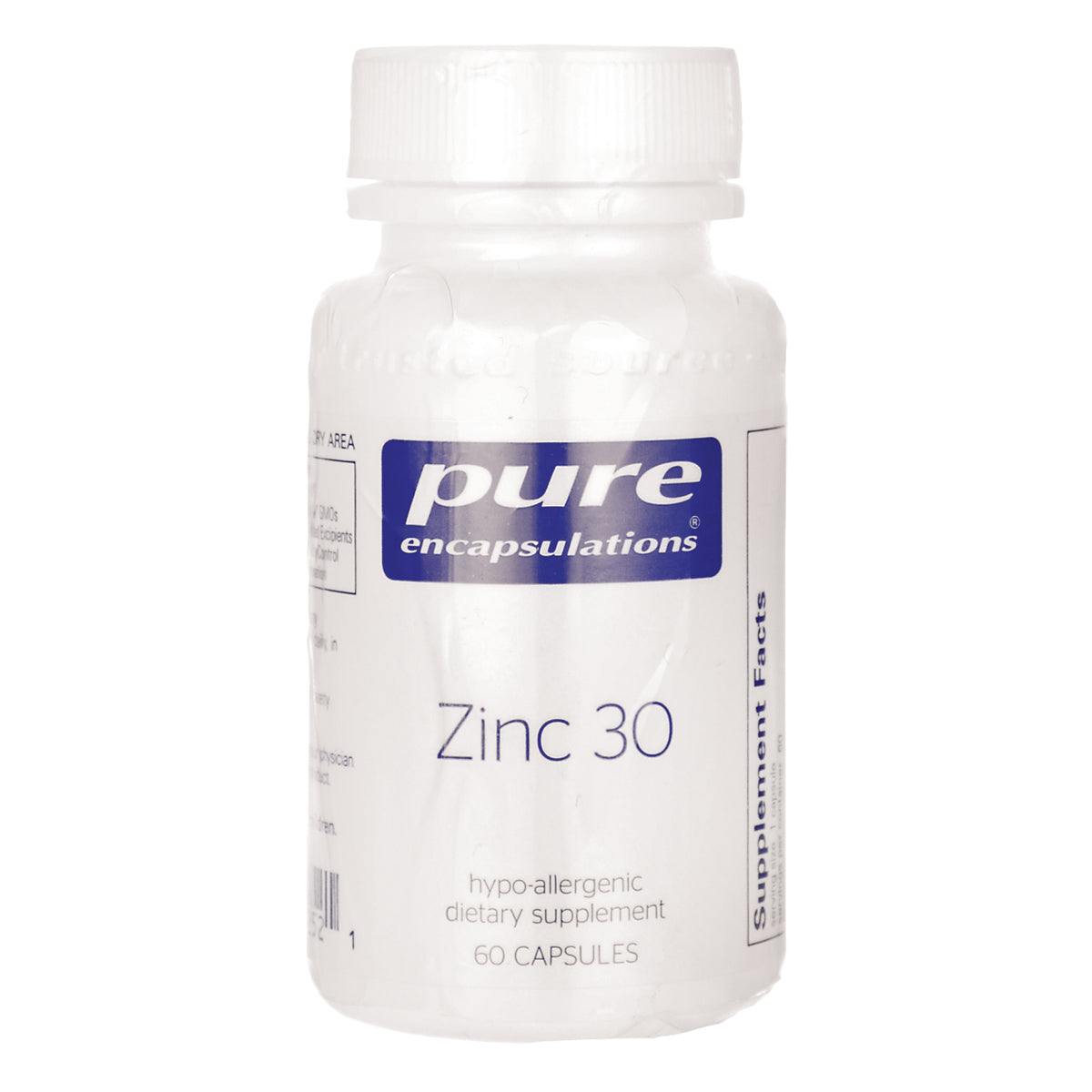 PRN076 | White supplement bottle labeled pure encapsulations Zinc 30 60 capsules front view