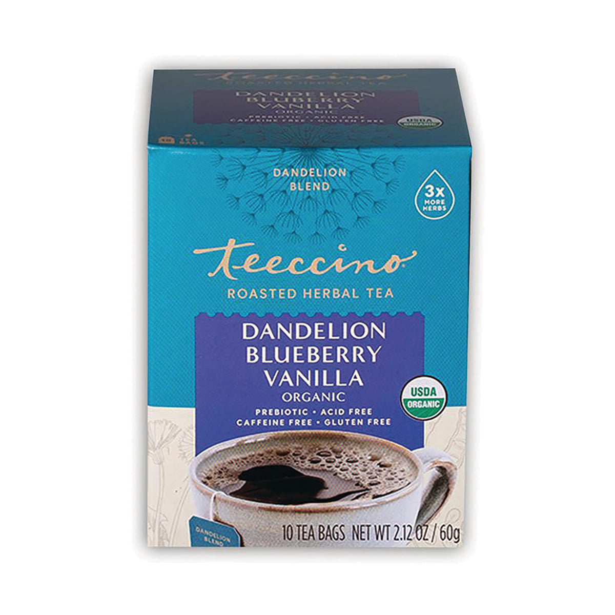 TCN039 | Teeccino Roasted Herbal Tea, Dandelion Blueberry Vanilla organic, 10 tea bags, 2.12 oz box