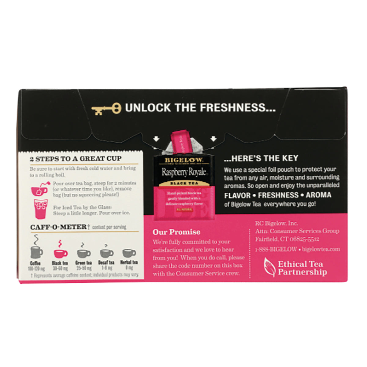 BGT001 | Back of Raspberry Royale tea box showing brewing steps, caff-o-meter, and company information