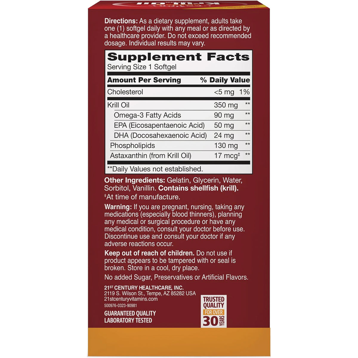 CNT238 | Supplement Facts panel listing krill oil amounts and warnings on red product back panel