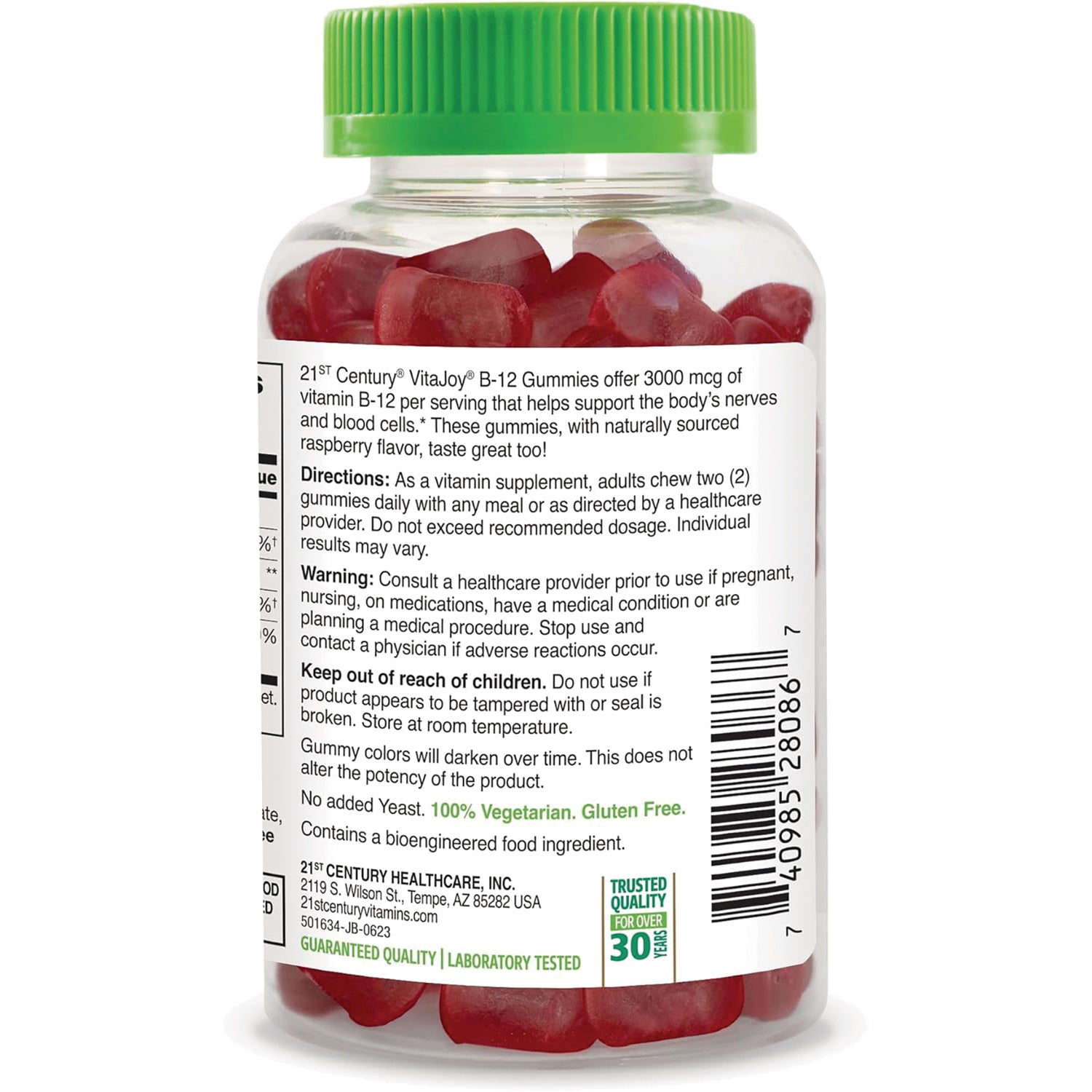 CNT284 | back label of clear bottle of red gummies showing directions, warnings, barcode, and green cap