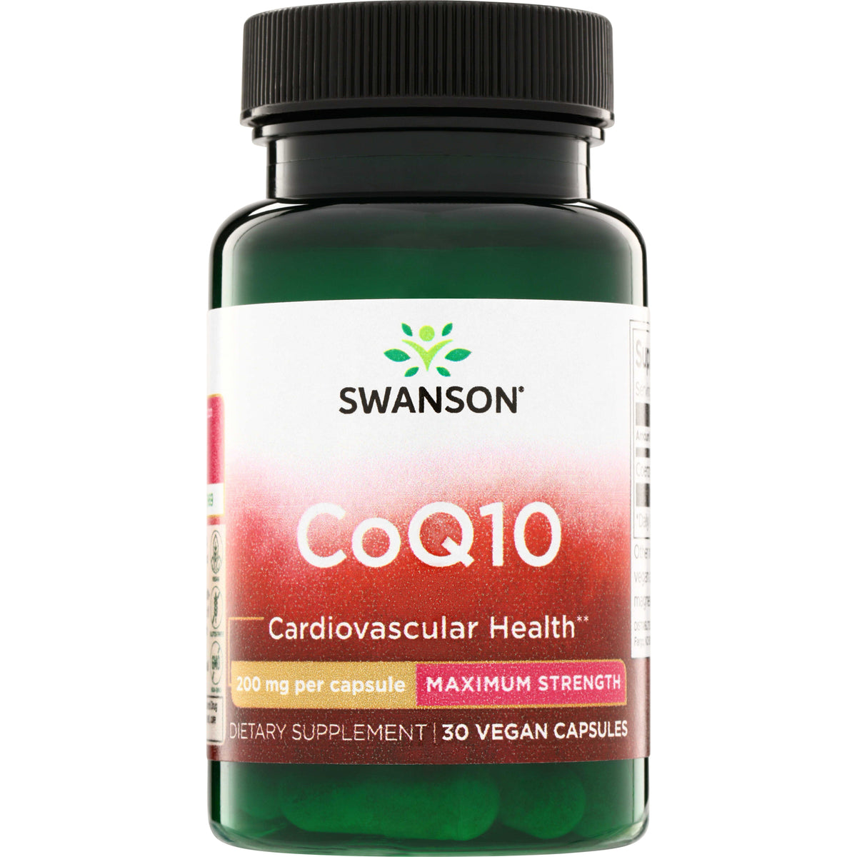 SWU034 | Swanson CoQ10 supplement bottle, 200 mg per capsule, maximum strength, 30 vegan capsules