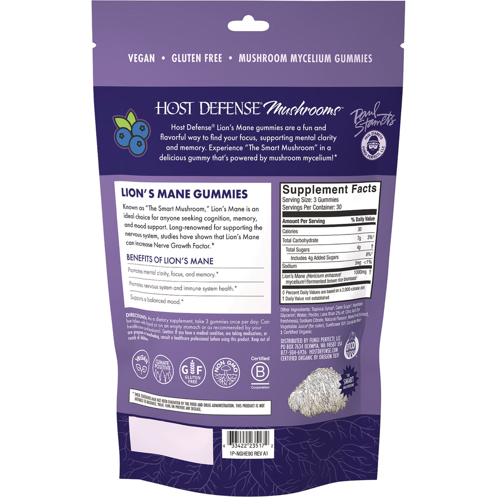 FUN059 | Back of Host Defense Mushrooms Lion’s Mane Gummies package with supplement facts and benefits - Thumbnail