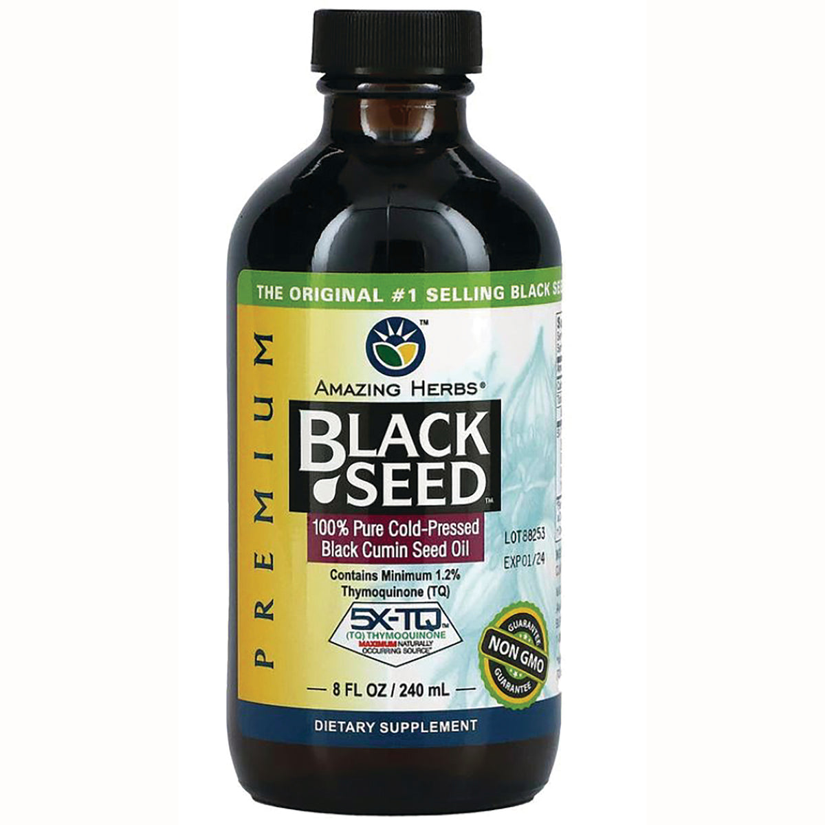 AZH005 | Bottle of Amazing Herbs BLACK SEED 100% pure cold-pressed black cumin seed oil 8 fl oz Non GMO