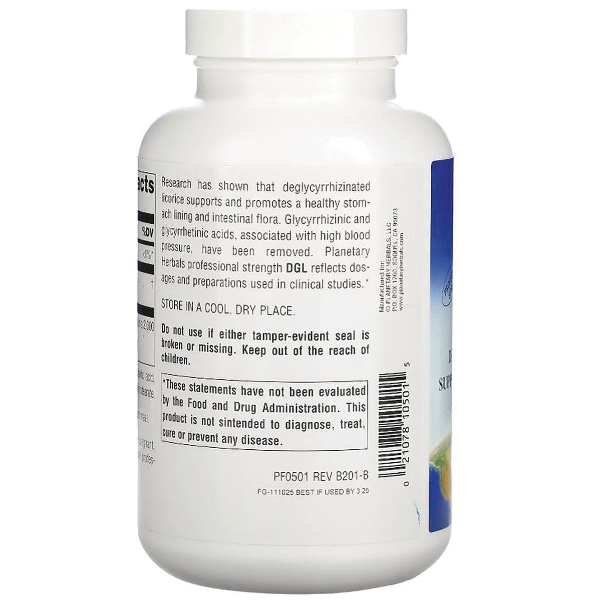 PF049 | Back label of white supplement bottle showing ingredient text, barcode, and warning box