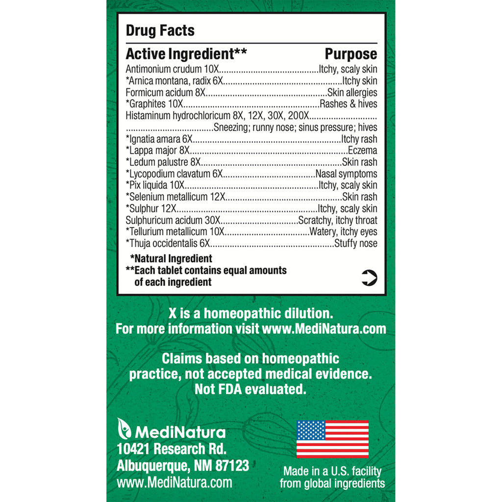 MNA029 | Back of green MediNatura box showing drug facts panel, ingredient list, company address and US flag - Thumbnail