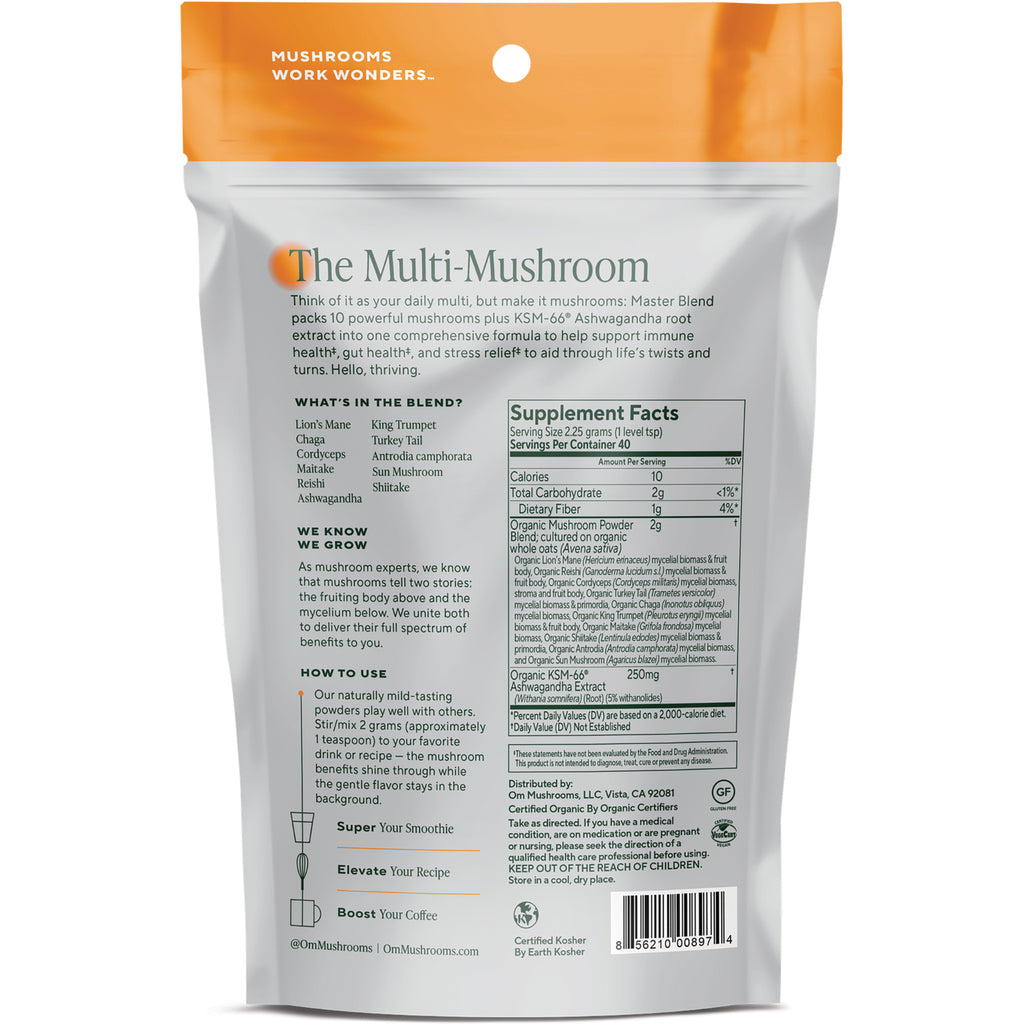 MMX032 | Back of OM Master Blend pouch showing Supplement Facts panel, ingredient list, usage directions and barcode - Thumbnail
