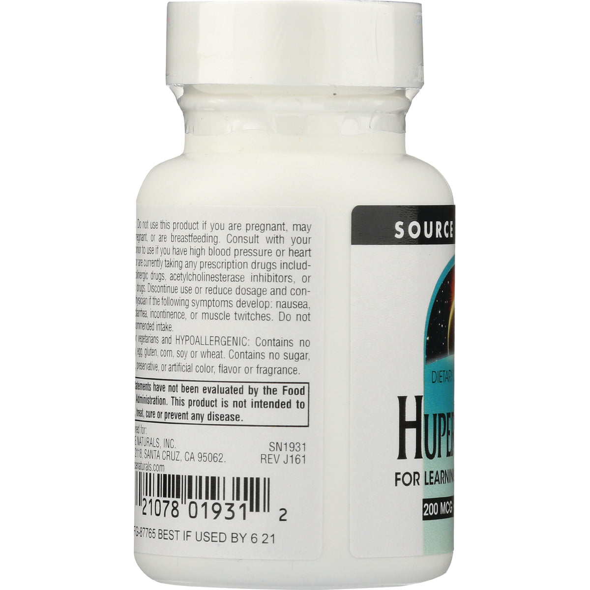 White supplement bottle back showing ingredient label, warning text and barcode