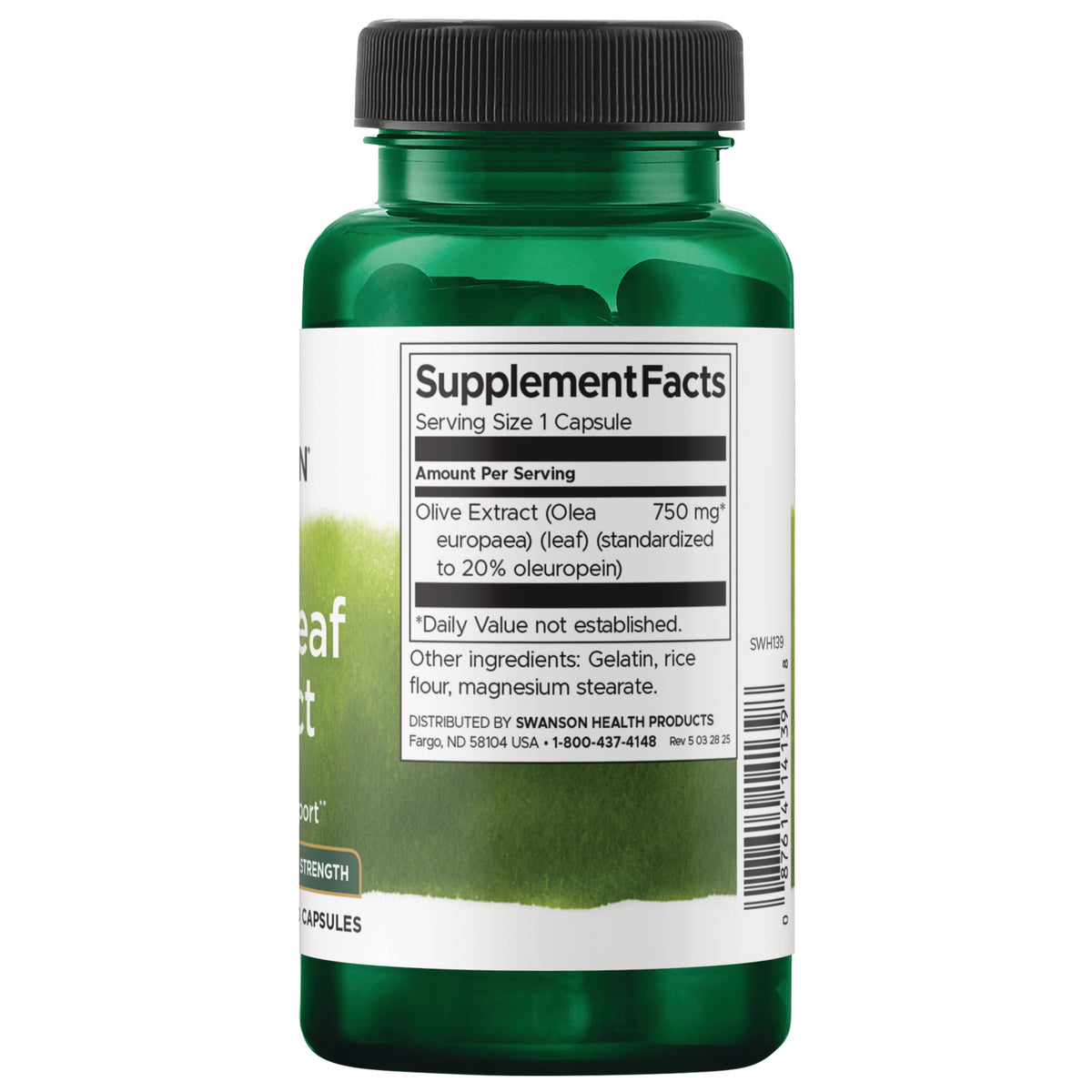 SWH139 | Back label showing Supplement Facts for Olive Extract 750 mg and ingredients