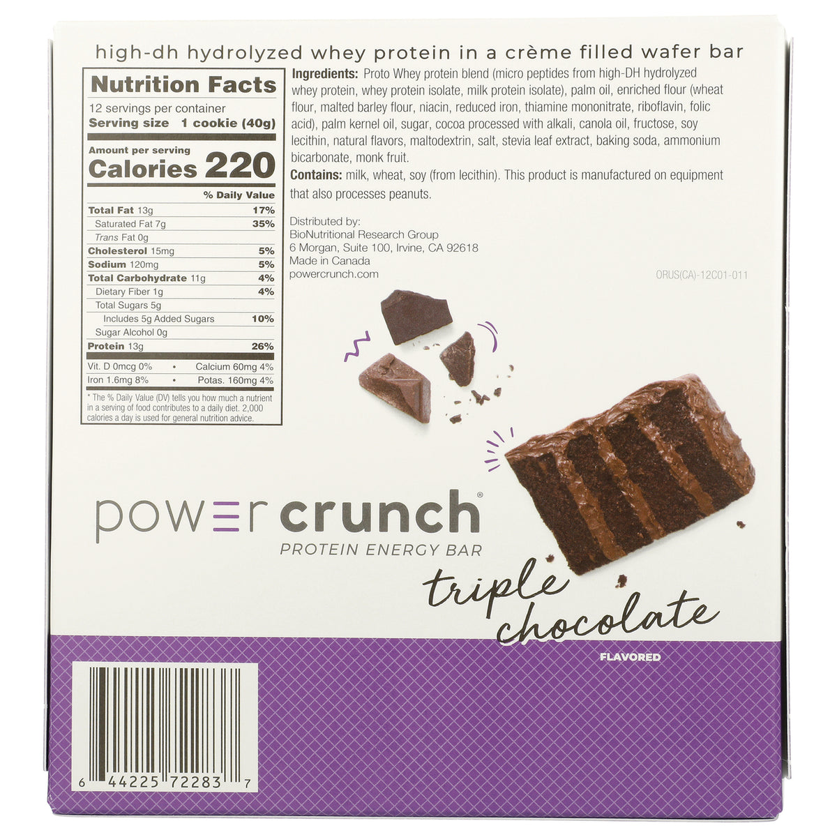 BNR005 | Back of Power Crunch triple chocolate protein energy bar box with nutrition facts, ingredients, and barcode