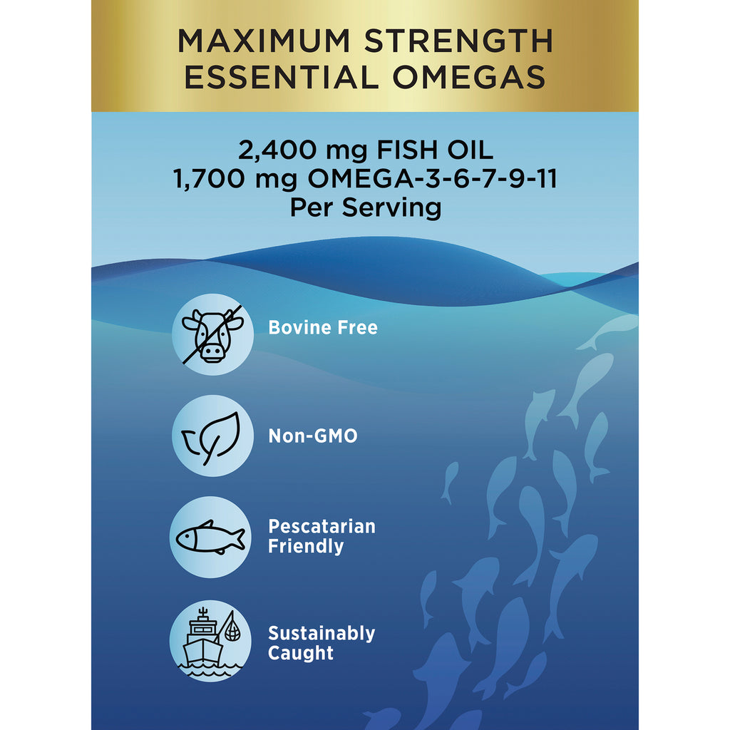 RNL253 | Infographic: 2,400 mg fish oil, 1,700 mg omega-3 blend; Bovine Free, Non-GMO, Pescatarian, Sustainably Caught - Thumbnail