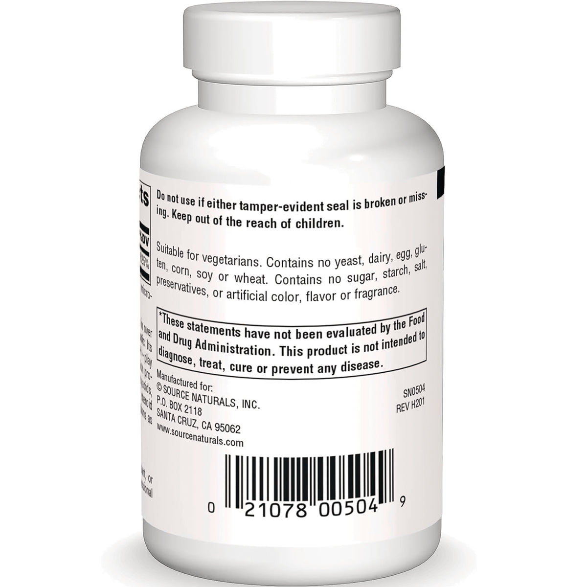 SN598 | Source Naturals supplement bottle back label with warnings, suitability info, and barcode