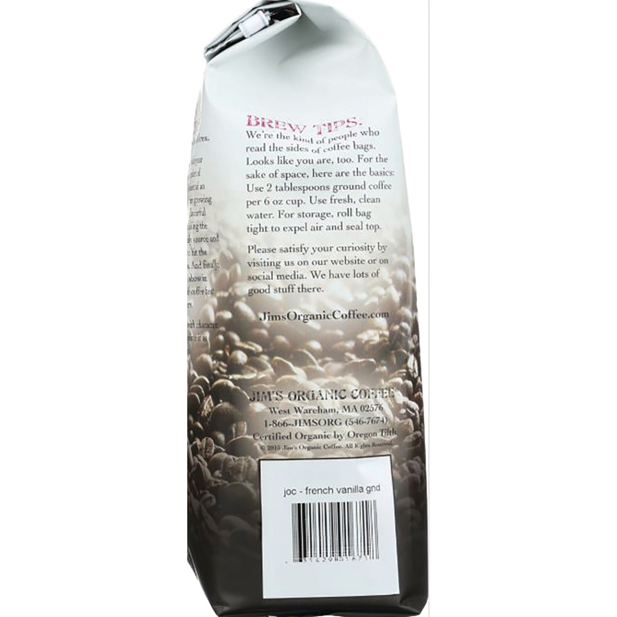 JOC009 | Back of coffee bag with brew tips text, coffee bean background and barcode