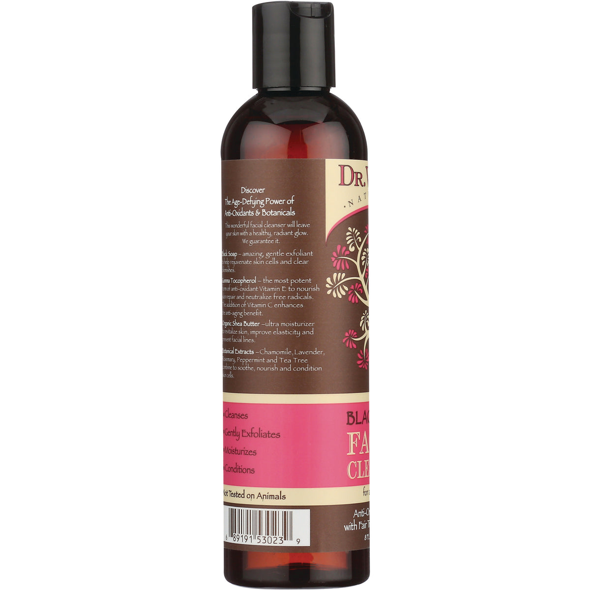 DRW010 | Back of brown and pink cleanser bottle showing ingredient text, benefits and barcode