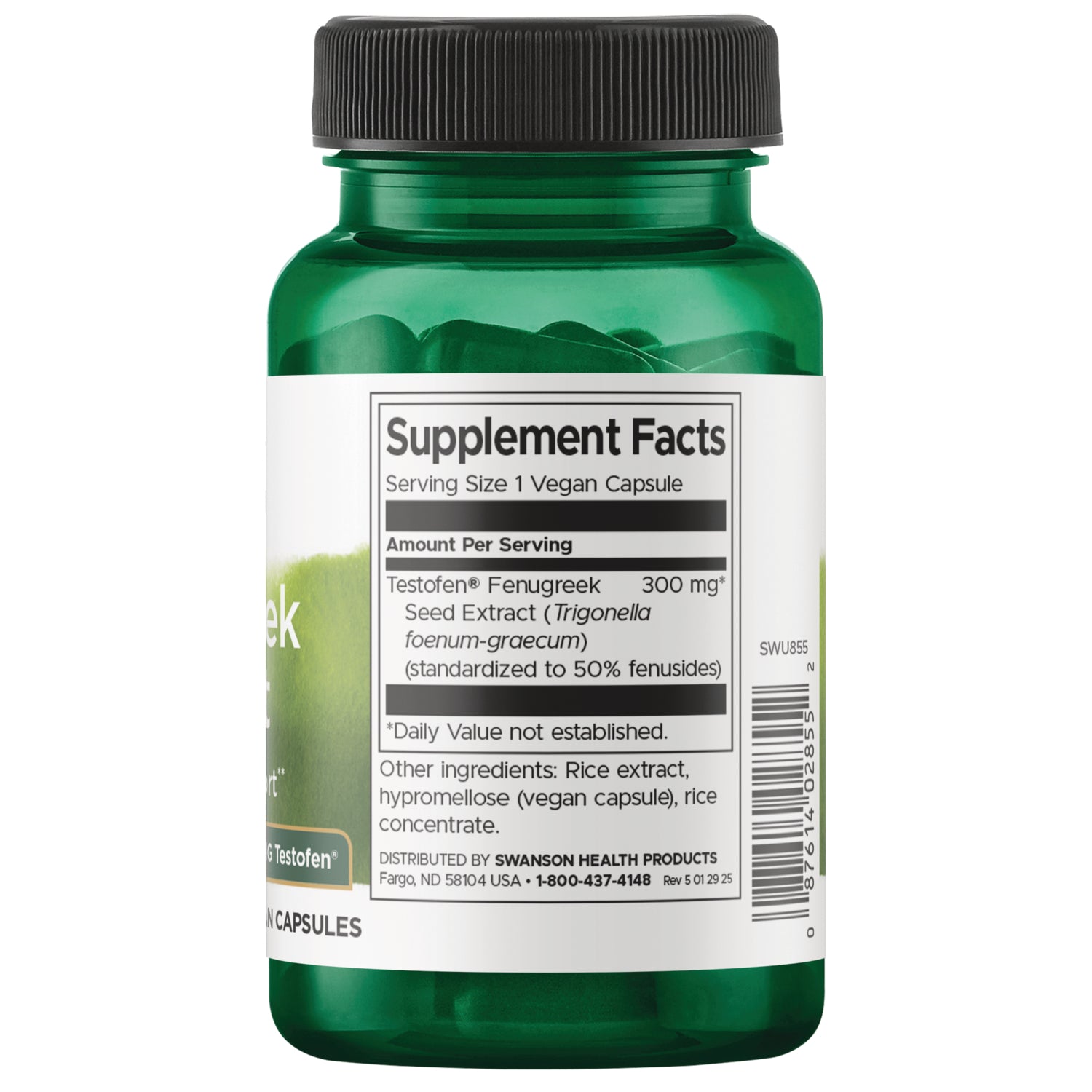SWU855 | Back label with Supplement Facts for fenugreek seed extract, serving size 1 vegan capsule, 300 mg