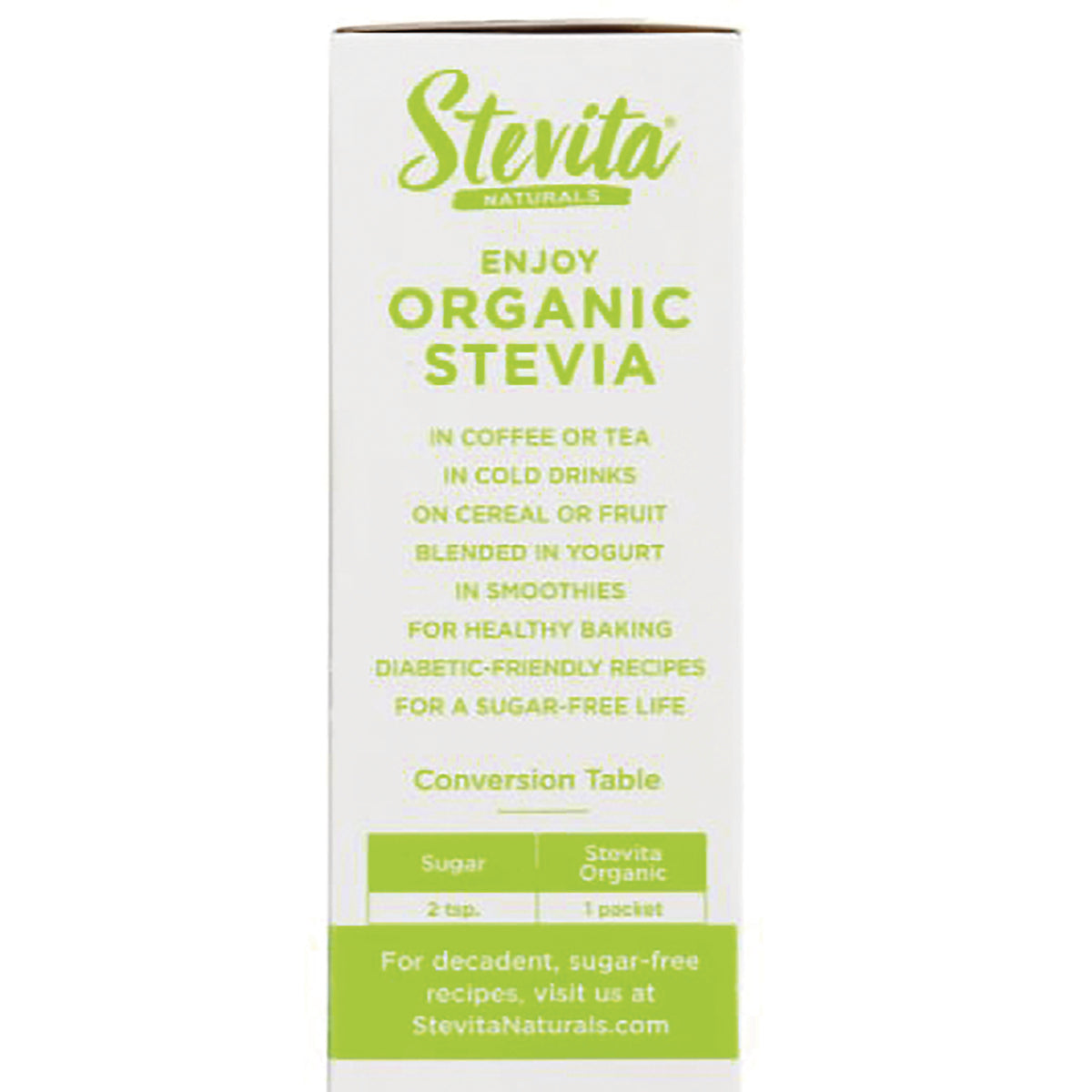 STV004 | Stevita Naturals Organic Stevia infographic with uses list and sugar-to-packet conversion table