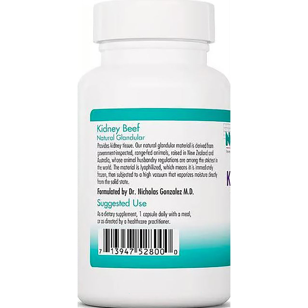 NCL091 | Back label of white supplement bottle showing Kidney Beef Natural Glandular text, suggested use and barcode - Thumbnail