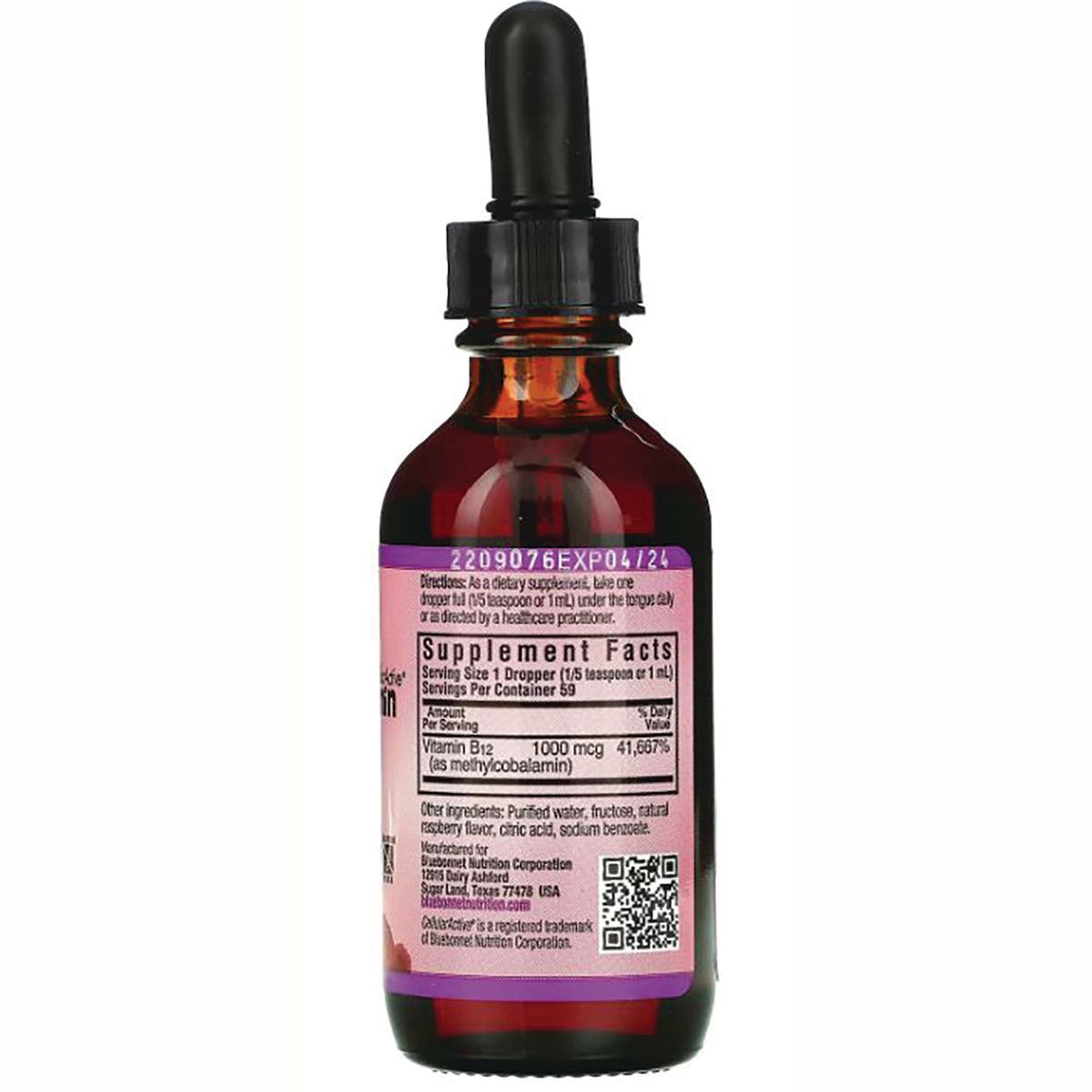 BLU094 | Back label of amber dropper bottle showing Supplement Facts and Vitamin B12 1000 mcg